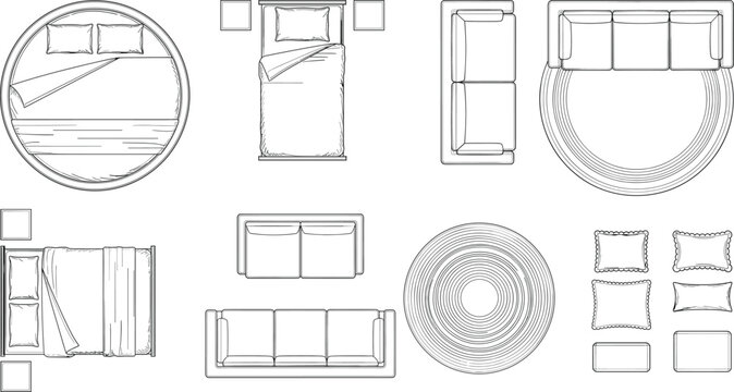 Furniture top view set, bed sofa rug pillow collection, line vector illustration interior design pack