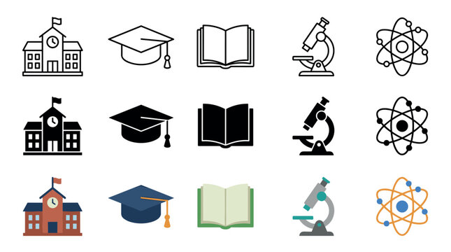Set of education and science vector icons in three styles&mdash;line, glyph, and color&mdash;showing a school building, mortarboard, open book, microscope, and atom for academic themes