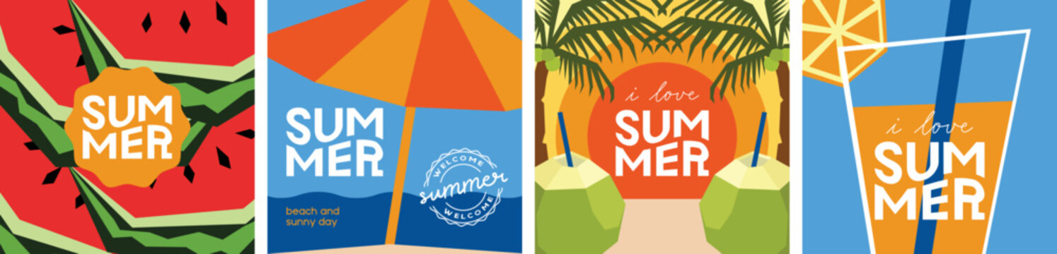 Summer poster design. Bright and cheerful design with illustration of watermelon, orange juice, beach, young coconut, coconut tree, umbrella, sun.