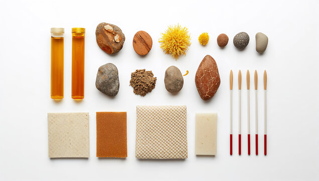 油汚染の試料と採取物を整理して並べた資料向け物撮り写真