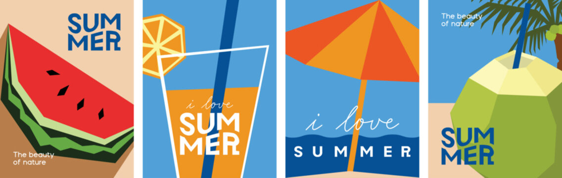 Summer poster. Vector illustration of watermelon, orange juice, beach, young coconut.