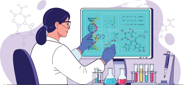 Scientist examines DNA model on computer screen in laboratory setting with various equipment around.