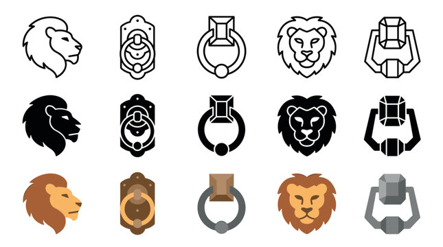 Vector icon set of lion heads, door knockers, and rings, illustrated in three distinct graphic styles: outline, solid black silhouette, and modern flat color design elements