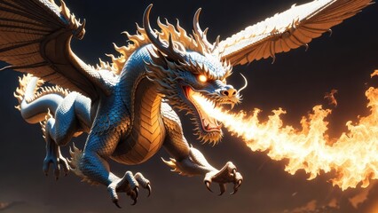 Fototapeta premium Majestic Dragon Breathing Fire in Dramatic Sky at Sunset