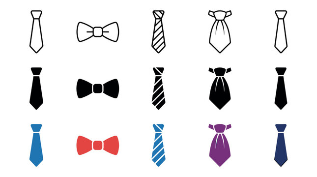 Collection of necktie and bow tie icons in various styles including line art, solid black silhouettes, and colorful flat designs showing different types of formal neckwear
