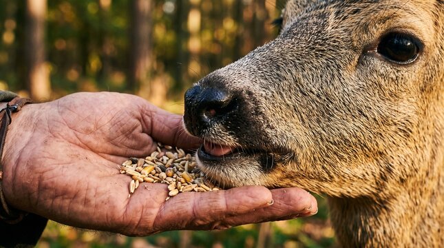 Hand feeding wild deer seeds in autumn forest, close up, gentle interaction, nature wildlife