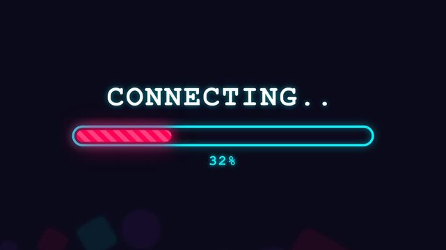 Neon Digital Progress Bar Animation Showing Connecting Status with Percentage on Dark Background