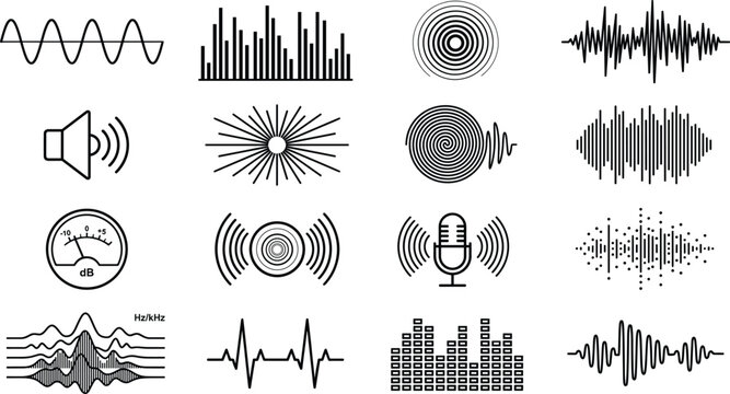 Sound wave icons set, audio signal equalizer collection, black vector illustration music technology design pack