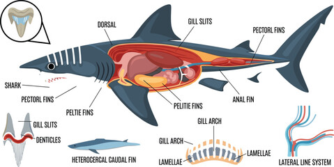 Detailed Vector Illustration Showing Shark Internal Structure and External Features © AdhinChandra