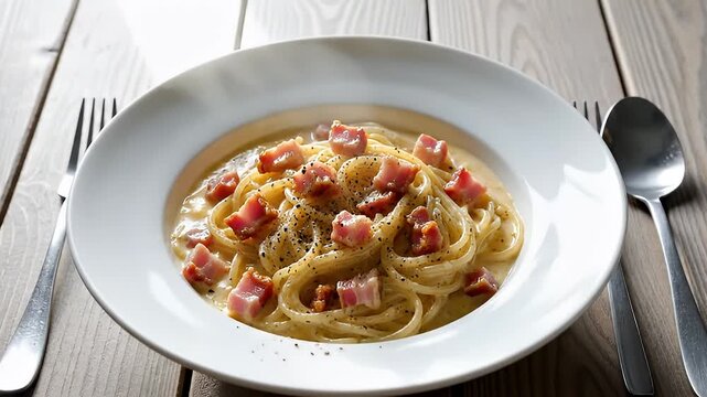 Classic Italian Spaghetti Carbonara with Crispy Pork in a White Bowl