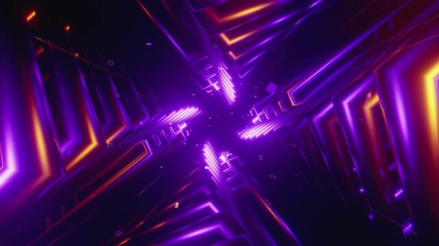 4K seamless orange and purple VJ loop with abstract high-tech polygonal tunnel and glowing light streaks for VJ sets, high-tech club visuals, music festivals, stage screens, LED video walls