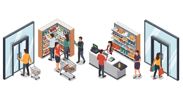 Isometric Retail Shopping Experience Vector Set, Human Activity System, Entering Store, Selecting Items, Billing Counter, Exit Flow, Clean Minimal White Background