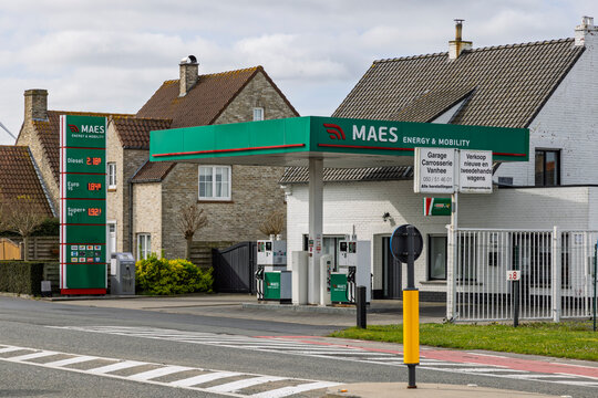 Knokke, Belgium. 10 April 2026. A Maes branded petrol station with fuel price displays located in a residential area of Knokke.