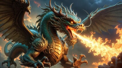 Obraz premium Majestic Dragon Breathing Fire Against an Epic Stormy Sky