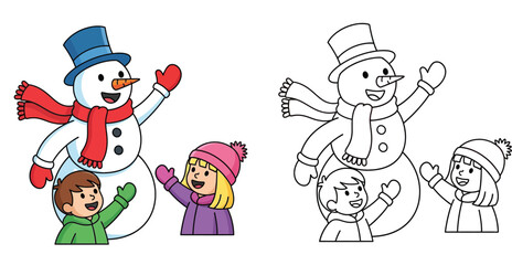 Fototapeta premium Snowman with Kids Coloring Page, Winter Holiday Activity Illustration for Children, Colored and Line Art Vector Set