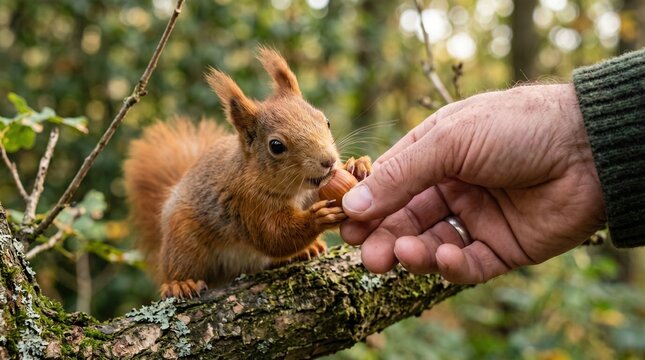 Person feeding a wild red squirrel a nut on a tree branch in a forest