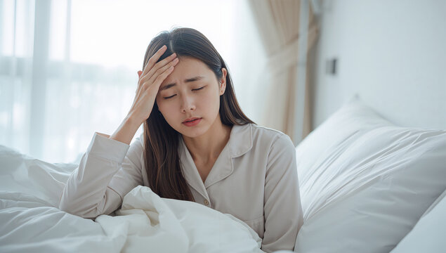 朝の寝室で頭痛を感じて額を押さえる日本人女性の体調不良写真