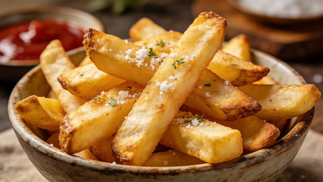 木の器にたっぷり盛られたフライドポテトのスナックイメージ