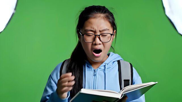 Young Asian student with glasses yawns while reading a book.