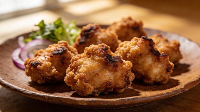 居酒屋の一品料理として盛られた香ばしい唐揚げのクローズアップ