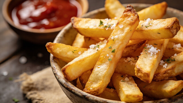 木の器にたっぷり盛られたフライドポテトのスナックイメージ