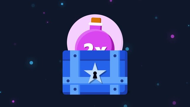 Flat Vector Gaming Treasure Chest Opening with Potion Double XP Multiplier Power Up on Space Background