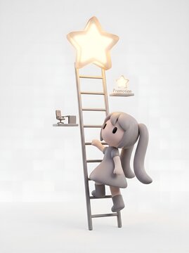 Career Growth Concept with Cute Character Climbing Ladder Toward Success Star