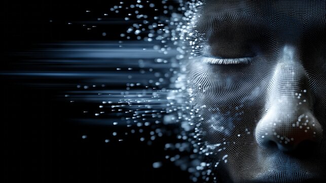 Human face morphs into digital particles