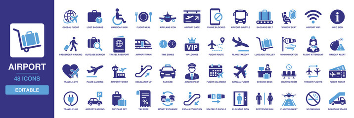 Airport icon including elements for airplane flight, baggage claim, travel passport, ticket check-in, plane takeoff, terminal gate, and transit lounge services. © Sultan