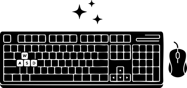 Gaming keyboard and mouse with WASD keys and sparkling stars on transparent grid background.