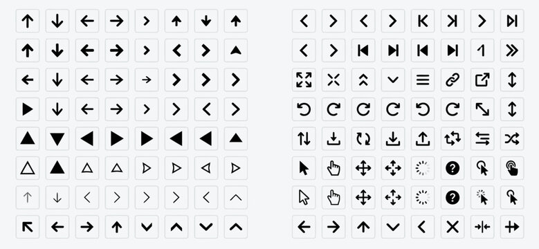 Large collection of minimalist navigation arrows and user interface icons for web and mobile app design development