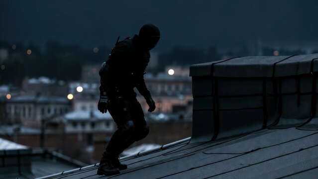 Stealthy Figure on Rooftop at Night Against City Skyline