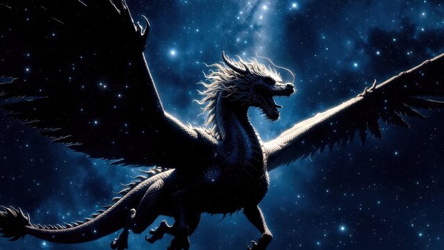 Majestic Black Dragon Soaring Through Starry Night Sky in Space