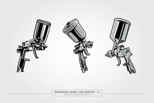 Spray Gun Paint Vector Set With Three Air Spray Guns and Removable Paint Cups Illustration
