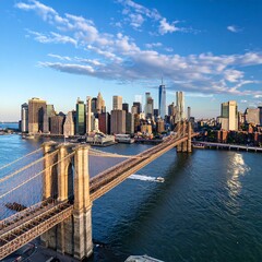 Fototapeta premium Aerial view of a city skyline, bridge, and water under a blue sky