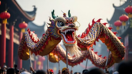 Fototapeta premium Colorful Dragon Dance Performance at Traditional Festival Celebration