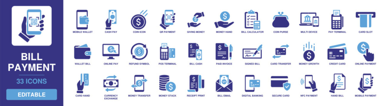 Bill payment icon set with solid glyph designs for mobile wallet, credit card, cash transfer, receipt print, invoice, digital banking, money exchange, and refund payment terminal.