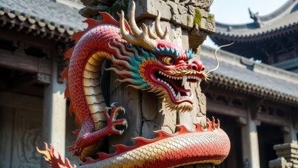 Fototapeta premium Colorful Dragon Sculpture on Ancient Stone Column in Traditional Setting