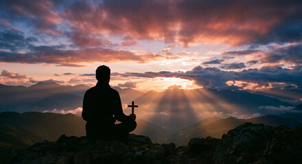 Obraz premium silhouette of a man in meditation in the mountains at sunrise.