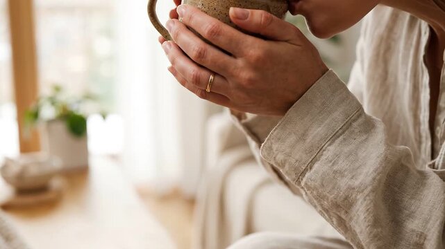 Mindfulness relaxation coffee mug hand woman home cozy warm morning ritual, adult hands holding ceramic coffee cup near window light, calm comfort quiet routine with beverage close to face