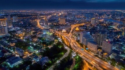 Fototapeta premium Aerial view of a vibrant city skyline illuminated at night showcasing urban landscape, traffic, and architectural marvels