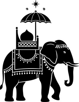 Decorated elephant walking with umbrella and ornate howdah on its back.
