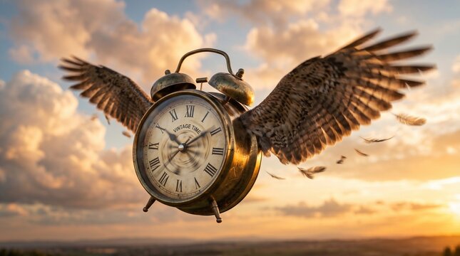 Surreal visual pun of a vintage alarm clock with wings flying in the sky for time flies concept