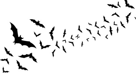 Obraz premium Black bats flying flock, silhouette vector icons, Halloween symbols, flying mammals