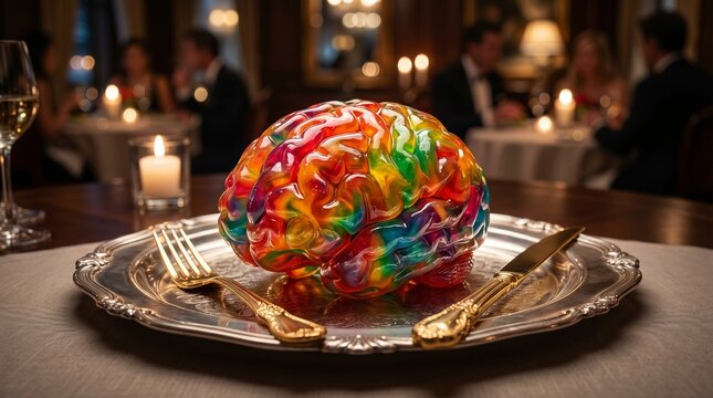 Surreal visual pun of a colorful brain served on a plate for food for thought concept