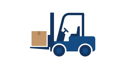 Naklejka premium A blue forklift truck is lifting a brown cardboard box on its forks, symbolizing logistics and material handling.