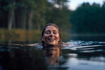 Fototapeta premium Portrait young woman, girl with wet hair smiling happily while bathing, swimming in a dark forest lake during a peaceful summer evening, enjoying refreshing water and quiet nature, outdoors