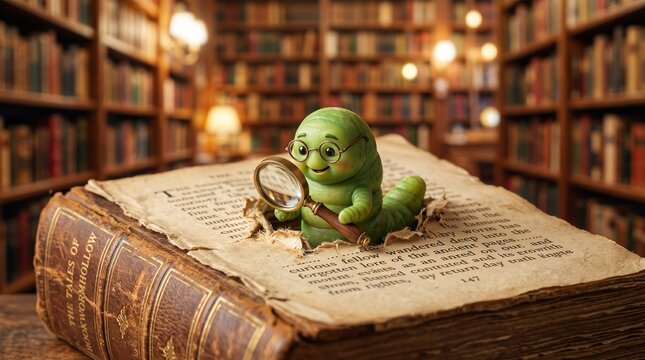 Surreal visual pun of a cute green bookworm character wearing glasses reading an open book in a library