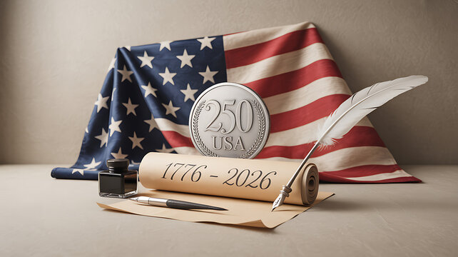 USA 250 anniversary concept with American flag scroll 1776 2026 and quill pen patriotic historical still life