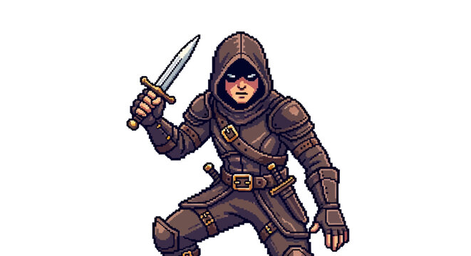 Mysterious hooded rogue holding a dagger ready for action.